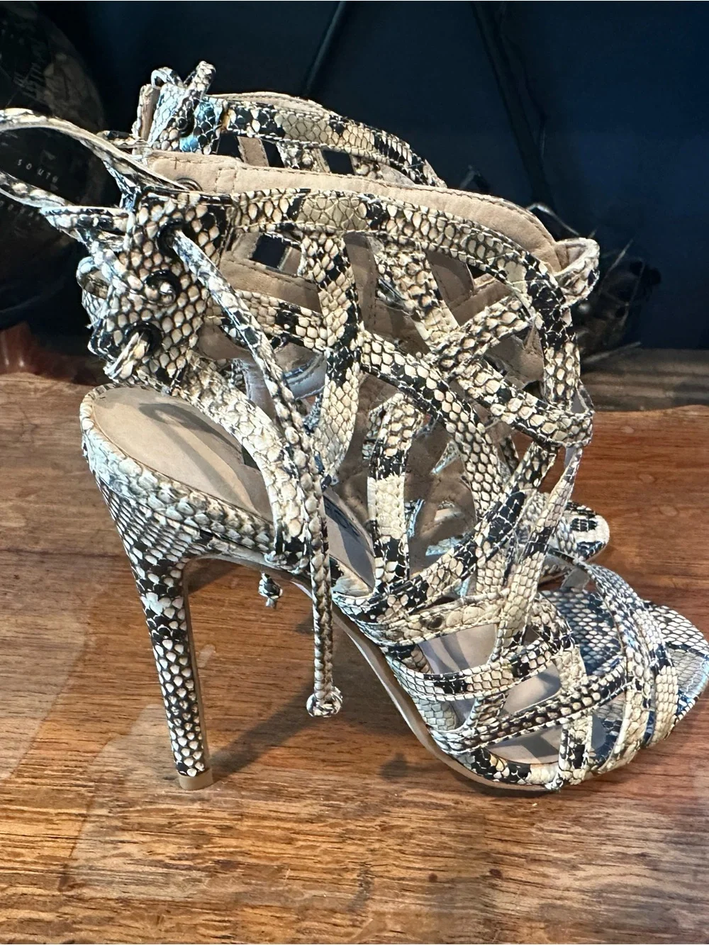Topshop Snake-Print Lace-Up Strappy Heels in Black & Cream